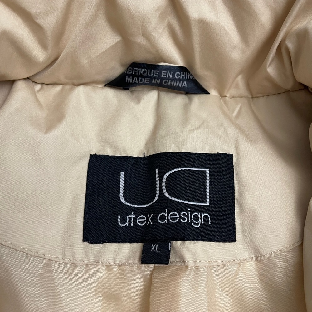 Utex Design Beige Tan Down Puffer Packable Jacket Fur Trim Long Trench Coat XL - Picture 9 of 10